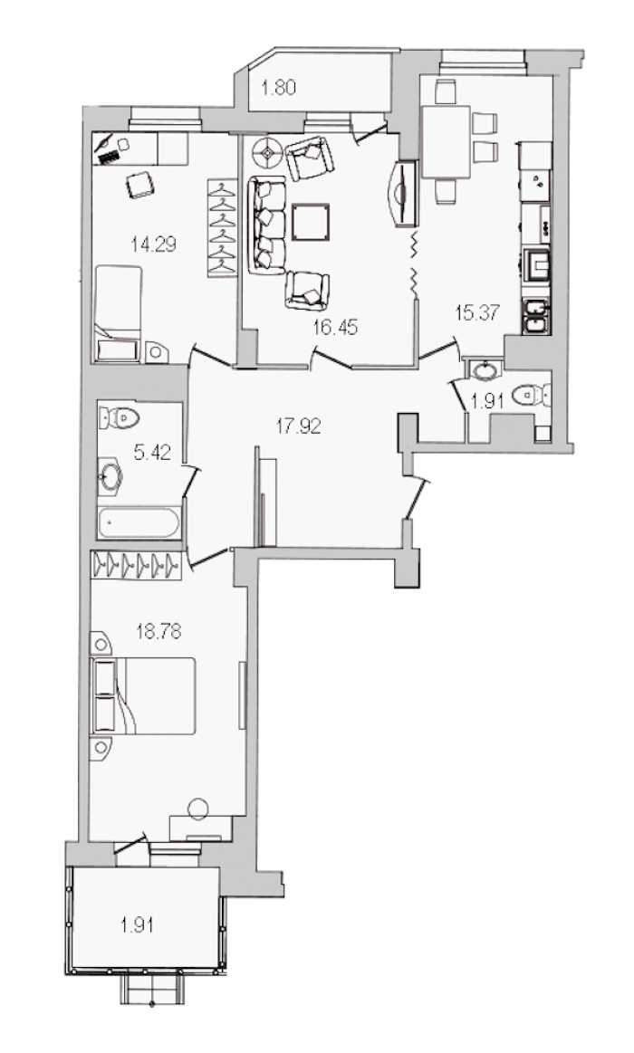 Трехкомнатная квартира в : площадь 93.85 м2 , этаж: 3 – купить в Санкт-Петербурге